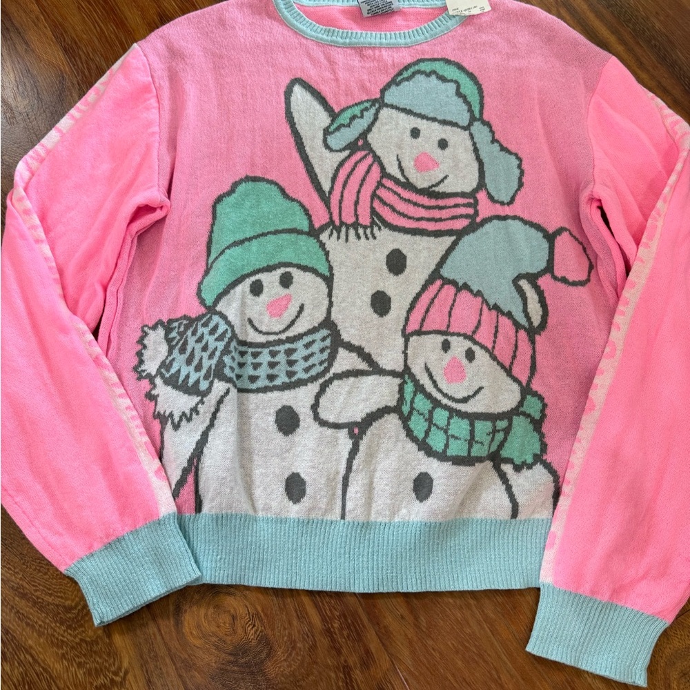 Well Worn Pink and Mint Snowman Crew Neck Sweater